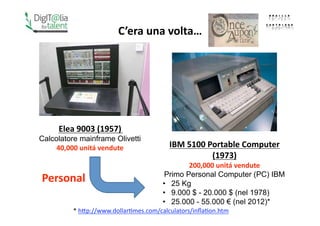 Calcolatore mainframe Olivetti



                                  Primo Personal Computer (PC) IBM
                                 • 25 Kg
                                 • 9.000 $ - 20.000 $ (nel 1978)
                                 • 25.000 - 55.000 (nel 2012)*
 