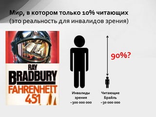 Мир, в котором только 10% читающих
(это реальность для инвалидов зрения)
Инвалиды
зрения
~300 000 000
Читающие
Брайль
~30 ...