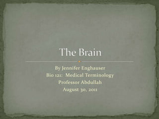By Jennifer Enghauser,[object Object],Bio 121:  Medical Terminology,[object Object],Professor Abdullah,[object Object],August 30, 2011,[object Object],The Brain,[object Object]