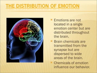    Emotions are not
    located in a single
    emotion center but are
    distributed throughout
    the brain.
   Brain chemicals are
    transmitted from the
    synapse but are
    dispersed to wide
    areas of the brain.
   Chemicals of emotion
    influence our behavior.
 