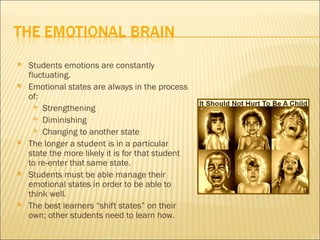    Students emotions are constantly
    fluctuating.
   Emotional states are always in the process
    of:
       Strengthening
       Diminishing
       Changing to another state
   The longer a student is in a particular
    state the more likely it is for that student
    to re-enter that same state.
   Students must be able manage their
    emotional states in order to be able to
    think well.
   The best learners “shift states” on their
    own; other students need to learn how.
 
