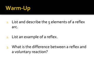 1. List and describe the 5 elements of a reflex
arc.
2. List an example of a reflex.
3. What is the difference between a reflex and
a voluntary reaction?
 