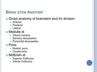 BRAIN STEM ANATOMY


Gross anatomy of brainstem and it's division






Medulla at






Olivary nucleus
Sensory decussation
Pyramidal decussation

Pons





Anterior
Posterior
Lateral

Rostral pons
Caudal pons

Midbrain at



Superior Colliculus
Inferior Colliculus

 