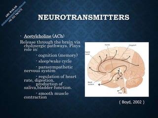 NEUROTRANSMITTERS
- Acetylcholine (ACh)
Release through the brain via
cholinergic pathways. Plays
role in:
- cognition (memory)
- sleep/wake cycle
- parasympathetic
nervous system
- regulation of heart
rate, digestion,
production of
saliva,bladder function.
- smooth muscle
contraction
( Boyd, 2002 )
 