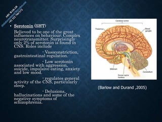 • Serotonin (5HT)
Believed to be one of the great
influences on behaviour. Complex
neurotransmitter. Surprisingly
only 2% of serotonin is found in
CNS. Roles include
- Vasoconstriction,
gastrointestinal regulation.
- Low serotonin
associated with aggression,
suicide, impulsive eating, anxiety
and low mood.
- regulates general
activity of the CNS, particularly
sleep.
- Delusions,
hallucinations and some of the
negative symptoms of
schizophrenia.
(Barlow and Durand ,2005)
 