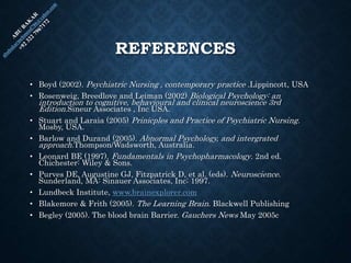 REFERENCES
• Boyd (2002). Psychiatric Nursing , contemporary practice .Lippincott, USA
• Rosenweig, Breedlove and Leiman (2002) Biological Psychology: an
introduction to cognitive, behavioural and clinical neuroscience 3rd
Edition.Sineur Associates , Inc USA.
• Stuart and Laraia (2005) Prinicples and Practice of Psychiatric Nursing.
Mosby, USA.
• Barlow and Durand (2005). Abnormal Psychology, and intergrated
approach.Thompson/Wadsworth, Australia.
• Leonard BE (1997). Fundamentals in Psychopharmacology. 2nd ed.
Chichester: Wiley & Sons.
• Purves DE, Augustine GJ, Fitzpatrick D, et al. (eds). Neuroscience.
Sunderland, MA: Sinauer Associates, Inc; 1997.
• Lundbeck Institute, www.brainexplorer.com
• Blakemore & Frith (2005). The Learning Brain. Blackwell Publishing
• Begley (2005). The blood brain Barrier. Gauchers News May 2005c
 