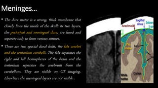 Meninges…
• The dura mater is a strong, thick membrane that
closely lines the inside of the skull; its two layers,
the periosteal and meningeal dura, are fused and
separate only to form venous sinuses.
• There are two special dural folds, the falx cerebri
and the tentorium cerebelli. The falx separates the
right and left hemispheres of the brain and the
tentorium separates the cerebrum from the
cerebellum. They are visible on CT imaging.
Elsewhere the meningeal layers are not visible .
 