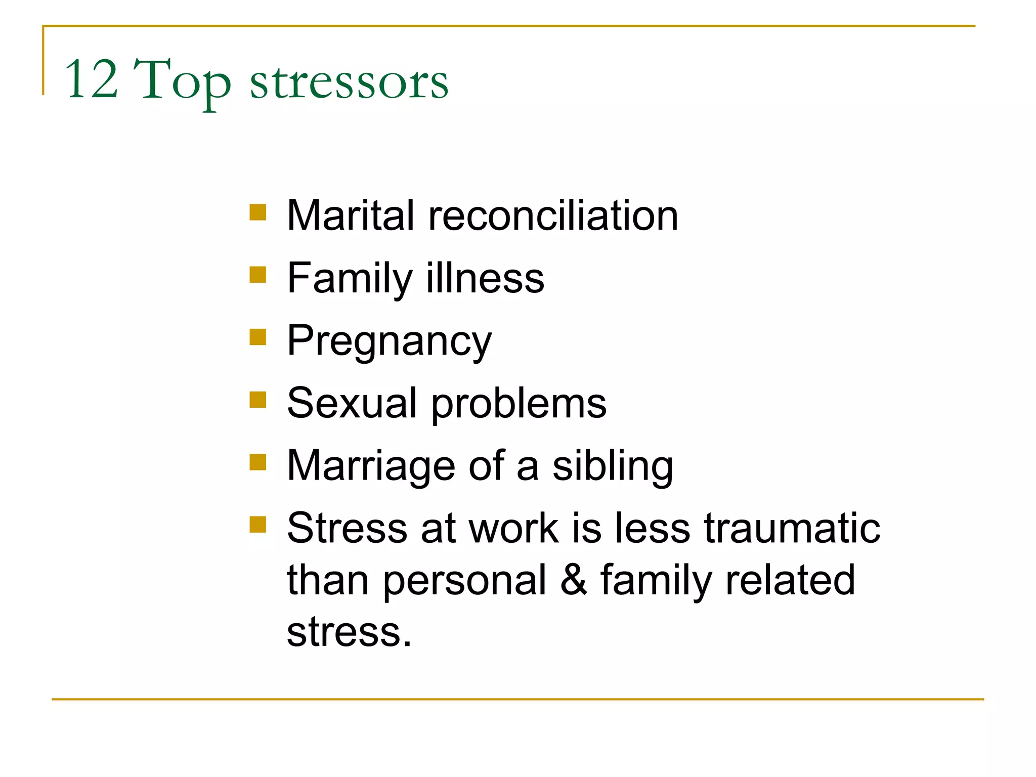 12 Top stressors Marital reconciliation Family illness Pregnancy Sexual problems Marriage of a sibling Stress at work is less traumatic than personal & family related stress.  