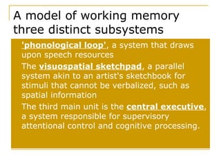 A model of working memory  three distinct subsystems 'phonological loop' , a system that draws upon speech resources The  visuospatial sketchpad , a parallel system akin to an artist's sketchbook for stimuli that cannot be verbalized, such as spatial information The third main unit is the  central executive , a system responsible for supervisory attentional control and cognitive processing.  