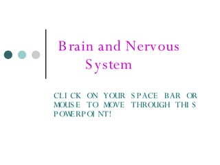 Brain and Nervous  System  CLICK ON YOUR SPACE BAR OR MOUSE TO MOVE THROUGH THIS POWERPOINT! 
