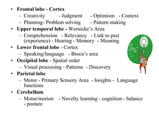 • Frontal lobe - Cortex
– Creativity - Judgment - Optimism - Context
– Planning- Problem solving - Pattern making
• Upper temporal lobe - Wernicke’s Area
– Comprehension - Relevancy - Link to past
(experience) - Hearing - Memory - Meaning
• Lower frontal lobe - Cortex
– Speaking/language - Broca’s area
• Occipital lobe - Spatial order
– Visual processing - Patterns - Discovery
• Parietal lobe
– Motor - Primary Sensory Area - Insights - Language
functions
• Cerebellum
– Motor/motion - Novelty learning - cognition - balance
- posture
 