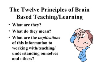 The Twelve Principles of Brain
Based Teaching/Learning
• What are they?
• What do they mean?
• What are the implications
of this information to
working with/teaching/
understanding ourselves
and others?
 