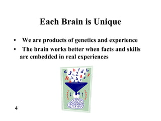 Each Brain is Unique
• We are products of genetics and experience
• The brain works better when facts and skills
are embedded in real experiences
4
 