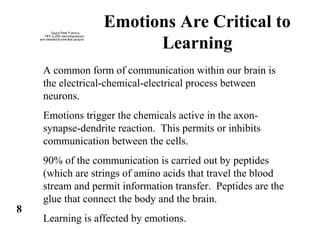 Emotions Are Critical to
Learning
A common form of communication within our brain is
the electrical-chemical-electrical process between
neurons.
Emotions trigger the chemicals active in the axon-
synapse-dendrite reaction. This permits or inhibits
communication between the cells.
90% of the communication is carried out by peptides
(which are strings of amino acids that travel the blood
stream and permit information transfer. Peptides are the
glue that connect the body and the brain.
Learning is affected by emotions.
QuickTime™ and a
TIFF (LZW) decompressor
are needed to see this picture.
8
 
