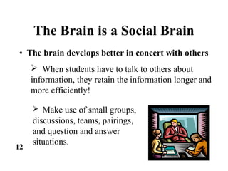 The Brain is a Social Brain
12
• The brain develops better in concert with others
 When students have to talk to others about
information, they retain the information longer and
more efficiently!
 Make use of small groups,
discussions, teams, pairings,
and question and answer
situations.
 
