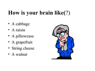 How is your brain like(?)
• A cabbage
• A raisin
• A pillowcase
• A grapefruit
• String cheese
• A walnut
 