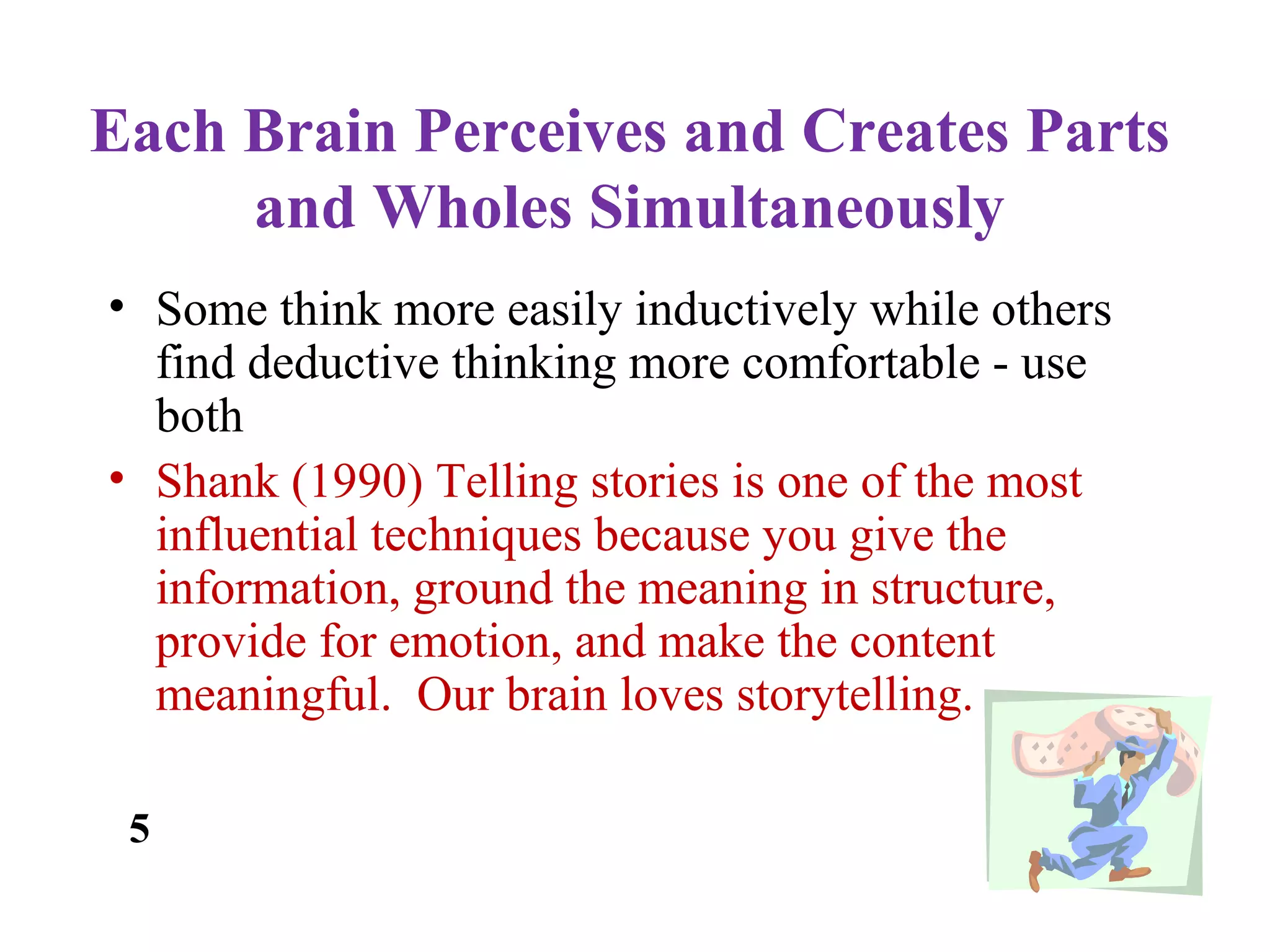 Each Brain Perceives and Creates Parts
and Wholes Simultaneously
• Some think more easily inductively while others
find deductive thinking more comfortable - use
both
• Shank (1990) Telling stories is one of the most
influential techniques because you give the
information, ground the meaning in structure,
provide for emotion, and make the content
meaningful. Our brain loves storytelling.
5
 