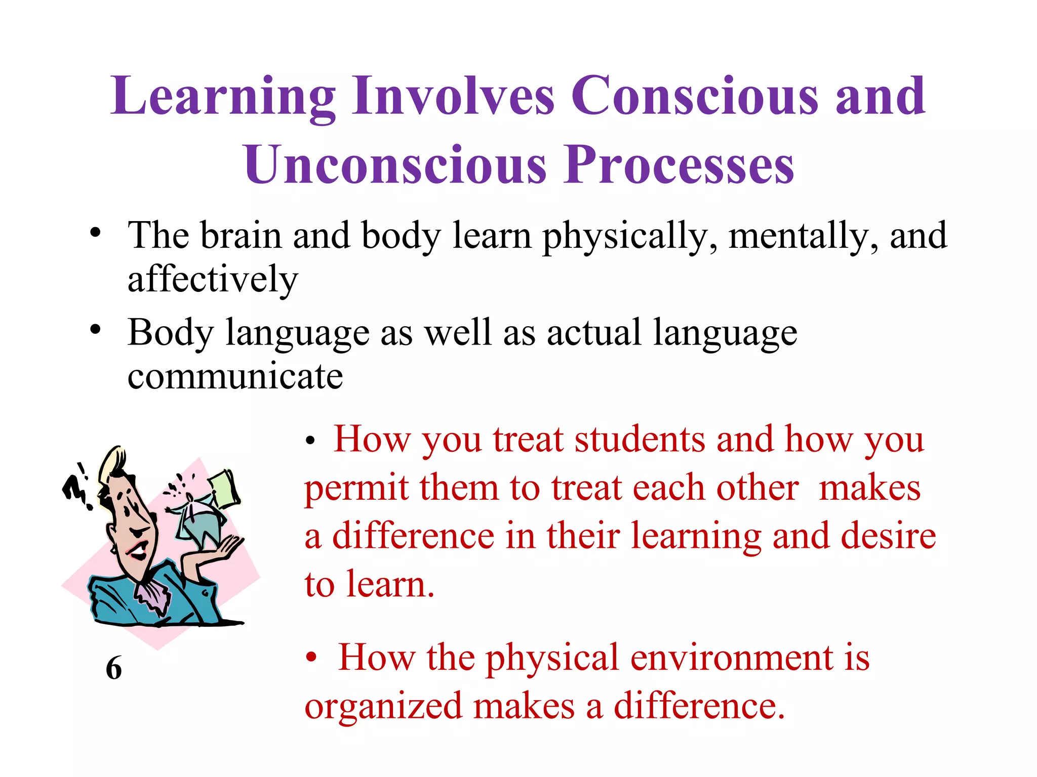 Learning Involves Conscious and
Unconscious Processes
• The brain and body learn physically, mentally, and
affectively
• Body language as well as actual language
communicate
6
• How you treat students and how you
permit them to treat each other makes
a difference in their learning and desire
to learn.
• How the physical environment is
organized makes a difference.
 