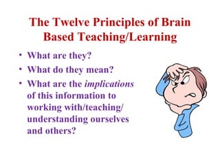 The Twelve Principles of Brain
Based Teaching/Learning
• What are they?
• What do they mean?
• What are the implications
of this information to
working with/teaching/
understanding ourselves
and others?
 