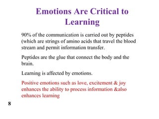 Emotions Are Critical to
Learning
90% of the communication is carried out by peptides
(which are strings of amino acids that travel the blood
stream and permit information transfer.
Peptides are the glue that connect the body and the
brain.
Learning is affected by emotions.
Positive emotions such as love, excitement & joy
enhances the ability to process information &also
enhances learning
8
 