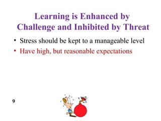 Learning is Enhanced by
Challenge and Inhibited by Threat
• Stress should be kept to a manageable level
• Have high, but reasonable expectations
9
 