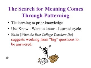 The Search for Meaning Comes
Through Patterning
• Tie learning to prior knowledge
• Use Know - Want to know - Learned cycle
• Bain (What the Best College Teachers Do)
suggests working from “big” questions to
be answered.
10
 
