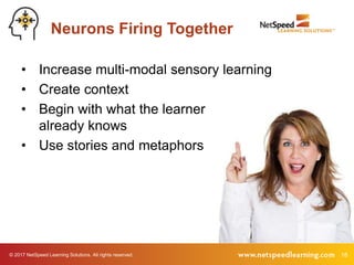 © 2017 NetSpeed Learning Solutions. All rights reserved. 18
Neurons Firing Together
• Increase multi-modal sensory learnin...