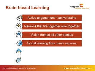 © 2017 NetSpeed Learning Solutions. All rights reserved. 27
Brain-based Learning
Active engagement = active brains
Neurons...