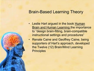 Brain-Based Learning TheoryLeslie Hart argued in the book Human Brain and Human Learning the importance to “design brain-fitting, brain-compatible instructional settings and procedures”Renate Caine and Geoffrey Caine, being supporters of Hart’s approach, developed the Twelve (12) Brain/Mind Learning Principles