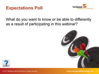 © 2017 NetSpeed Learning Solutions. All rights reserved. 10
Expectations Poll
What do you want to know or be able to differently
as a result of participating in this webinar?
 