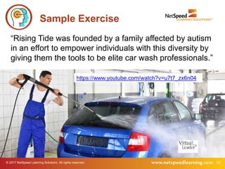 © 2017 NetSpeed Learning Solutions. All rights reserved. 20
“Rising Tide was founded by a family affected by autism
in an effort to empower individuals with this diversity by
giving them the tools to be elite car wash professionals.”
Sample Exercise
https://www.youtube.com/watch?v=u7t7_zx6n04
 