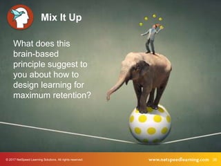 © 2017 NetSpeed Learning Solutions. All rights reserved. 26
Mix It Up
What does this
brain-based
principle suggest to
you about how to
design learning for
maximum retention?
 