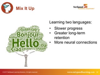 © 2017 NetSpeed Learning Solutions. All rights reserved. 32
Mix It Up
• Slower progress
• Greater long-term
retention
• More neural connections
Learning two languages:
 