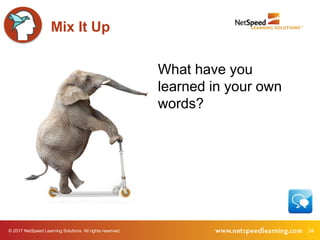 © 2017 NetSpeed Learning Solutions. All rights reserved. 34
What have you
learned in your own
words?
Mix It Up
 