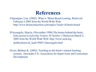 References
Chipongian, Lisa. (2005). What is “Brain Based Leaning. Retrieved
February 6 2005 from the World Wide Web:
http://www.brainconnection.com/topics/?main=fa/brain-based
D'Arcangelo, Marcia. (November 1998) The brains behind the brain.
Educational Leadership Volume 56 Number 3 Retrieved March 5,
2005 from the World Wide Web: http://www.ascd.org
/publications/ed_lead/199811/darcangelo.html
Given, Barbara K. (2002). Teaching to the brain’s natural learning
systems. Alexandra VA: Association for Supervision and Curriculum
Development
 