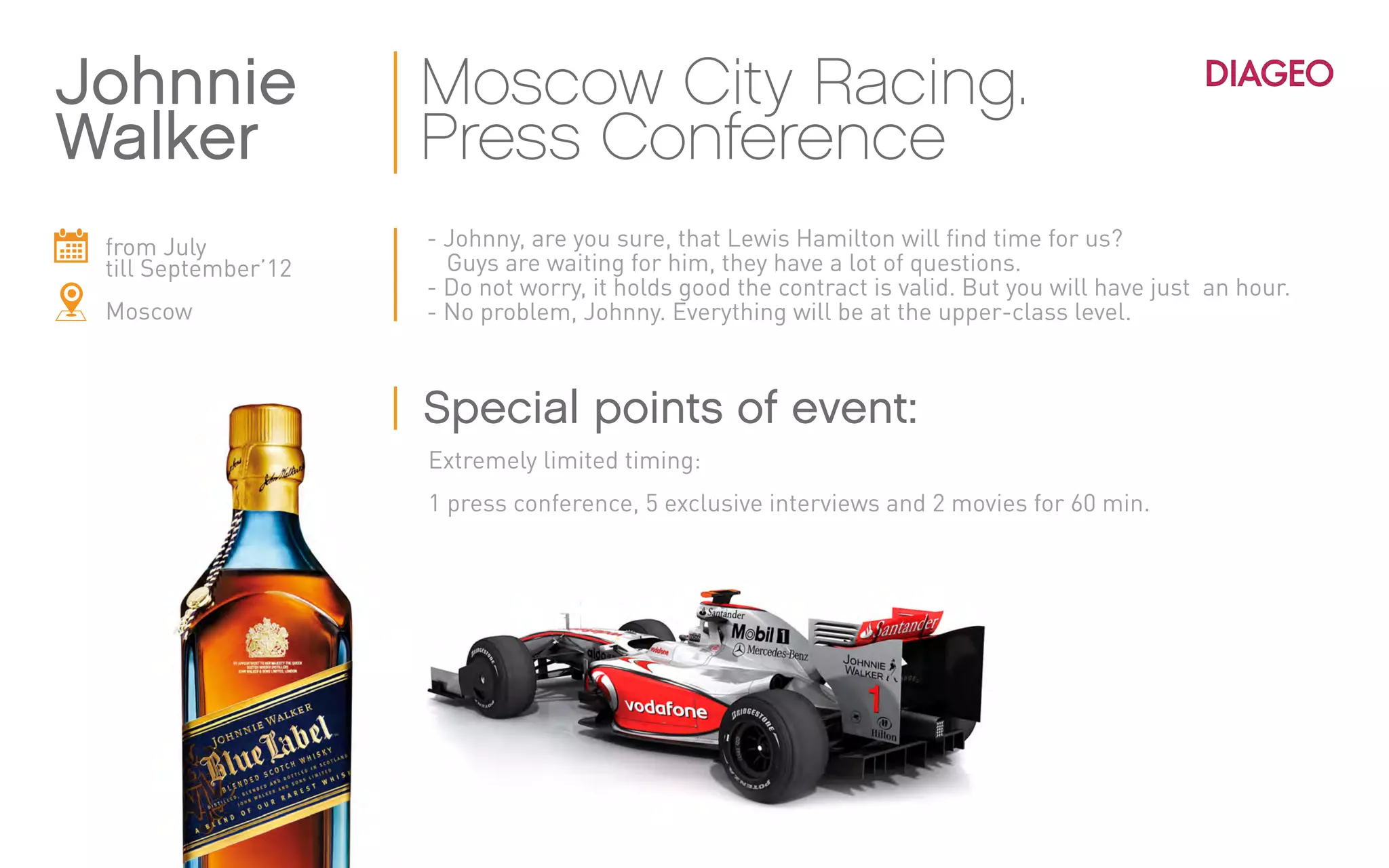 from July
till September’12
Moscow
- Johnny, are you sure, that Lewis Hamilton will find time for us?
Guys are waiting for him, they have a lot of questions.
- Do not worry, it holds good the contract is valid. But you will have just an hour.
- No problem, Johnny. Everything will be at the upper-class level.
Extremely limited timing:
1 press conference, 5 exclusive interviews and 2 movies for 60 min.
Johnnie
Walker
Moscow City Racing.
Press Conference
Special points of event:
 
