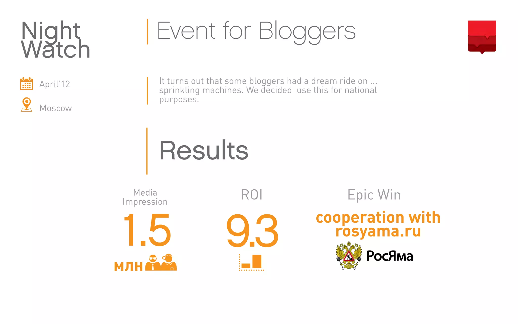 April’12
Moscow
It turns out that some bloggers had a dream ride on ...
sprinkling machines. We decided use this for national
purposes.
Night
Watch
Event for Bloggers
Results
1.5
млн
cooperation with
rosyama.ru
Media
Impression
Epic Win
9.3
ROI
 