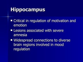 Hippocampus  <ul><li>Critical in regulation of motivation and emotion </li></ul><ul><li>Lesions associated with severe amn...