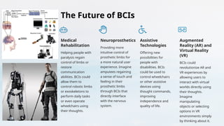 The Future of BCIs
Medical
Rehabilitation
Helping people with
paralysis regain
control of limbs or
restore
communication
abilities. BCIs could
allow them to
control robotic limbs
or exoskeletons to
perform daily tasks
or even operate
wheelchairs using
their thoughts.
Neuroprosthetics
Providing more
intuitive control of
prosthetic limbs for
a more natural user
experience. Imagine
amputees regaining
a sense of touch and
feeling in their
prosthetic limbs
through BCIs that
directly interface
with the nervous
system.
Assistive
Technologies
Offering new
possibilities for
people with
disabilities. BCIs
could be used to
control wheelchairs
or other assistive
devices using
thought commands,
improving
independence and
quality of life.
Augmented
Reality (AR) and
Virtual Reality
(VR)
BCIs could
revolutionize AR and
VR experiences by
allowing users to
interact with virtual
worlds directly using
their thoughts.
Imagine
manipulating
objects or selecting
options in VR
environments simply
by thinking about it.
 
