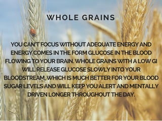 WHOLE GRAINS
YOUCAN’TFOCUSWITHOUTADEQUATEENERGYAND
ENERGYCOMESINTHEFORMGLUCOSEINTHEBLOOD
FLOWINGTOYOURBRAIN.WHOLEGRAINSWITHALOWGI
WILLRELEASEGLUCOSESLOWLYINTOYOUR
BLOODSTREAM,WHICHISMUCHBETTERFORYOURBLOOD
SUGARLEVELSANDWILLKEEPYOUALERTANDMENTALLY
DRIVENLONGERTHROUGHOUTTHEDAY.
 