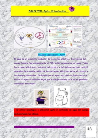 BRAIN GYM-Dpto. Orientación
Dr. Paul E. Dennison y Gail E. Dennison. Adaptado por Mª Ángeles Oliva Jiménez
48
PRIMER EJERCICIO: AGUA
El agua es un excelente conductor de la energía eléctrica. Dos tercios del
cuerpo humano (aproximadamente el 70%) están compuestos por agua. Todas
las acciones eléctricas y químicas del cerebro y del sistema nervioso central
dependen de la conductividad de las corrientes eléctricas entre el cerebro y
los órganos sensoriales, facilitados por el Agua. Así como la lluvia cae en la
tierra, al Agua se absorbe mejor por el cuerpo cuando se le da en pequeñas
cantidades frecuentes.
- El estrés psicológico o ambiental agota el contenido de agua del cuerpo,
deshidratando las células.
 
