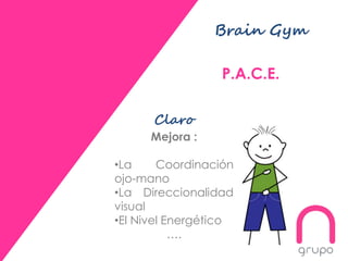 Brain Gym
P.A.C.E.
Claro
Mejora :
•La Coordinación
ojo-mano
•La Direccionalidad
visual
•El Nivel Energético
….
 