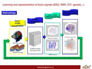 EEG Recording
fMRI Recording
Step1:
STBD
measurement
Step2:
Encoding
STBD Encoding
into Spike Trains
Step3: Variable
Mapping into 3D SNNc
Talairach Template
fMRI Voxels
Step4:STDP learning
& Dynamic clustering
Neuron Connections
Evolving Neuronal Clusters
Step5: Analysis of the connectivity of the trained 3D SNNc as dynamic spatio-temporal clusters in the STBD, related to brain processes
Learning and representation of brain signals (EEG, fMRI, DTI, genetic,..)
Methodology
nkasabov@aut.ac.nz
 