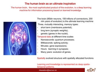nkasabov@aut.ac.nz
The brain (80bln neurons, 100 trillions of connections, 200
mln years of evolution) is the ultimate learning machine
Three, mutually interacting, memory types:
- short term (membrane potential);
- long term (synaptic weights);
- genetic (genes in the nuclei).
Temporal data at different time scales:
- Nanoseconds: quantum processes;
- Milliseconds: spiking activity;
- Minutes: gene expressions;
- Hours: learning in synapses;
- Many years: evolution of genes.
Spatially evolved structure with spatially allocated functions
Learning and knowledge is represented as deep spatio-
temporal patterns.
The human brain as an ultimate inspiration
The human brain, the most sophisticated product of the evolution, is a deep learning
machine for information processing based on learned knowledge
 