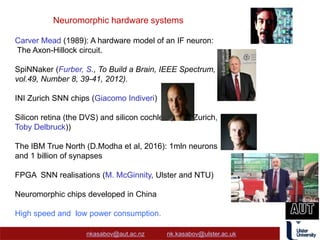 Neuromorphic hardware systems
Carver Mead (1989): A hardware model of an IF neuron:
The Axon-Hillock circuit.
SpiNNaker (Furber, S., To Build a Brain, IEEE Spectrum,
vol.49, Number 8, 39-41, 2012).
INI Zurich SNN chips (Giacomo Indiveri)
Silicon retina (the DVS) and silicon cochlea (ETH, Zurich,
Toby Delbruck))
The IBM True North (D.Modha et al, 2016): 1mln neurons
and 1 billion of synapses
FPGA SNN realisations (M. McGinnity, Ulster and NTU)
Neuromorphic chips developed in China
High speed and low power consumption.
nkasabov@aut.ac.nz nk.kasabov@ulster.ac.uk
 