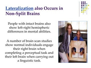 Lateralization also Occurs in
Non-Split Brains
People with intact brains also
show left-right hemispheric
differences in mental abilities.
A number of brain scan studies
show normal individuals engage
their right brain when
completing a perceptual task and
their left brain when carrying out
a linguistic task.
 