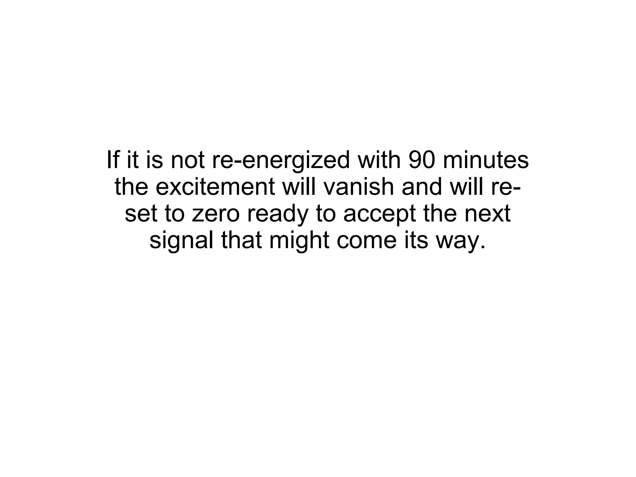 If it is not re-energized with 90 minutes
 the excitement will vanish and will re-
   set to zero ready to accept the next
       signal that might come its way.
 