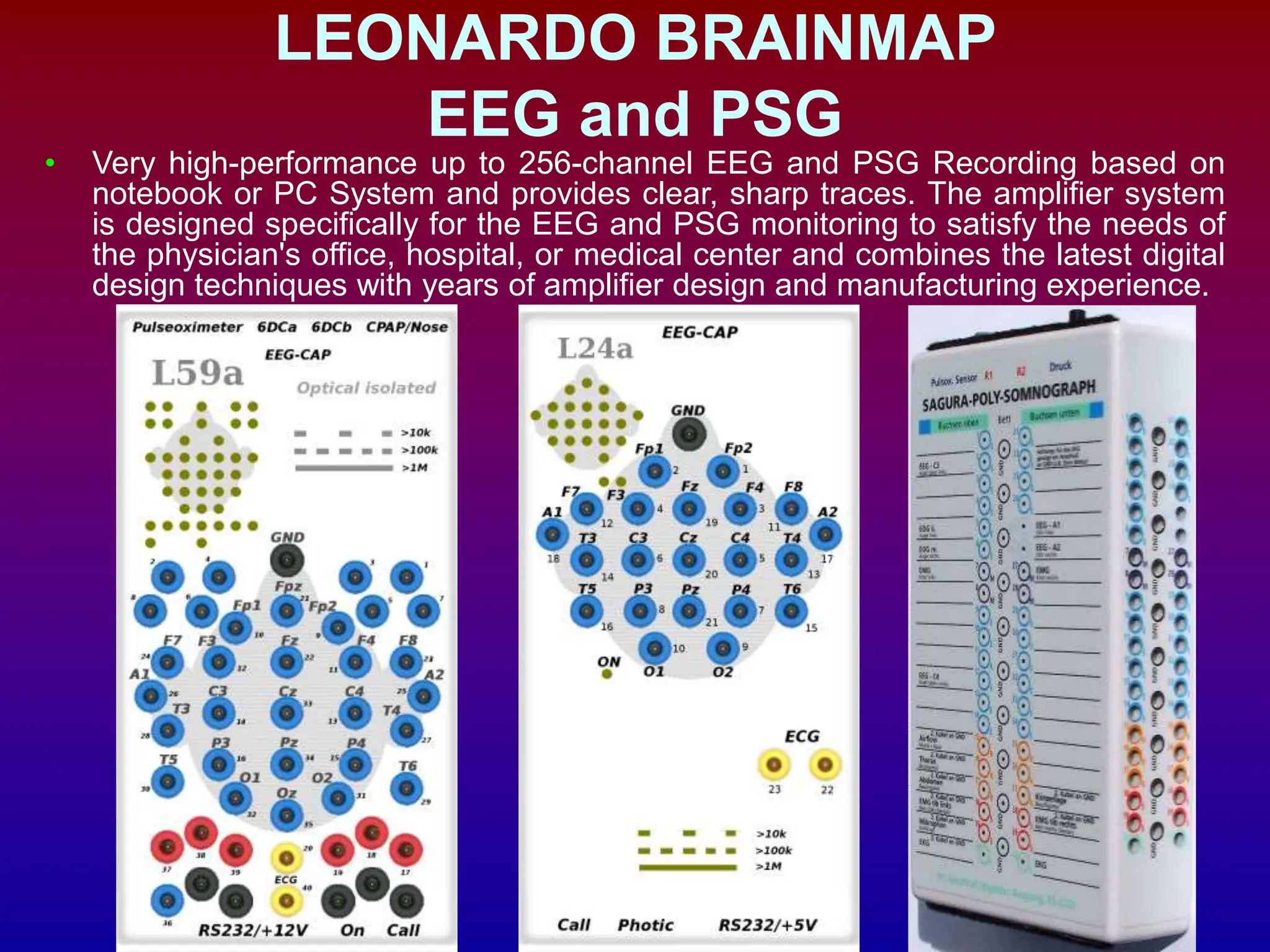 LEONARDO BRAINMAP
EEG and PSG
• Very high-performance up to 256-channel EEG and PSG Recording based on
notebook or PC System and provides clear, sharp traces. The amplifier system
is designed specifically for the EEG and PSG monitoring to satisfy the needs of
the physician's office, hospital, or medical center and combines the latest digital
design techniques with years of amplifier design and manufacturing experience.
 