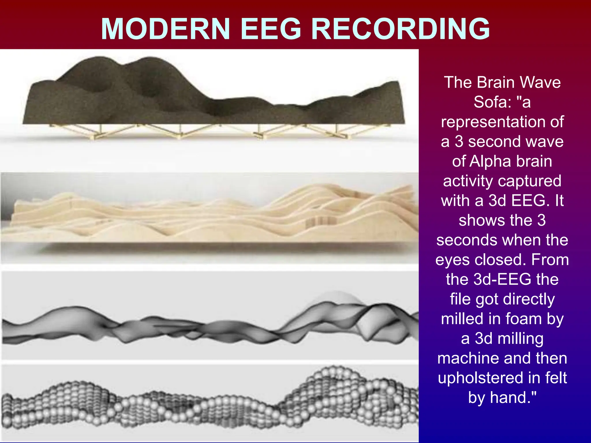 MODERN EEG RECORDING
The Brain Wave
Sofa: "a
representation of
a 3 second wave
of Alpha brain
activity captured
with a 3d EEG. It
shows the 3
seconds when the
eyes closed. From
the 3d-EEG the
file got directly
milled in foam by
a 3d milling
machine and then
upholstered in felt
by hand."
 