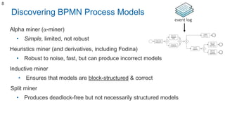 Alpha miner (α-miner)
• Simple, limited, not robust
Heuristics miner (and derivatives, including Fodina)
• Robust to noise, fast, but can produce incorrect models
Inductive miner
• Ensures that models are block-structured & correct
Split miner
• Produces deadlock-free but not necessarily structured models
Discovering BPMN Process Models
8
Enter Loan
Application
Retrieve
Applicant
Data
Compute
Installments
Approve
Simple
Application
Approve
Complex
Application
Notify
Rejection
Notify
Eligibility
event log
 
